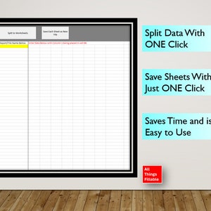 Peut inclure: Une image en noir et blanc d'un modèle de feuille de calcul avec le texte "Split Data With ONE Click", "Save Sheets With Just ONE Click", et "Saves Time and is Easy to Use". Le modèle est conçu pour aider les utilisateurs à diviser les données en feuilles de calcul distinctes et à les enregistrer en tant que fichiers individuels.