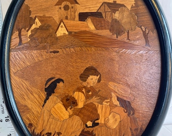 Sale!!!Vintage German Wood Intarsia framed picture of 3 children