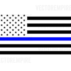 May include: A thin blue line flag with a blue stripe across the middle and alternating black and white stripes. The top stripe is a field of stars.