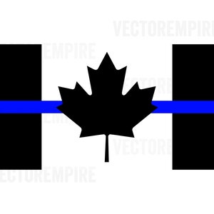 May include: A black and white Canadian flag with a thin blue line across the middle. The flag is a symbol of support for law enforcement.