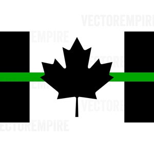 May include: A black and white Canadian flag with a green line across the middle. The flag is a symbol of support for law enforcement.