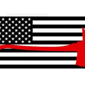 May include: A red firefighter's axe superimposed over a black and white American flag. The axe is red and the flag has 13 horizontal stripes.