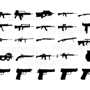 May include: A collection of black silhouette images of various types of guns, including rifles, pistols, and a grenade.