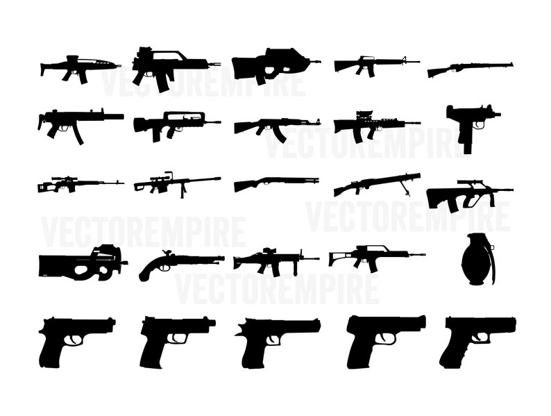 May include: A collection of black silhouette images of various types of guns, including rifles, pistols, and a grenade.
