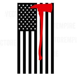 Puede incluir: Una bandera estadounidense en blanco y negro con un hacha de bombero roja superpuesta.