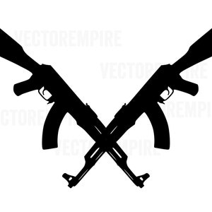 以下が含まれることがあります： 2丁の黒いシルエットの突撃銃が銃身で交差して、'X'の形を作っています。