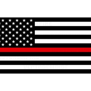 May include: An American flag with a single red stripe across the middle, representing the Thin Red Line, a symbol of support for firefighters.
