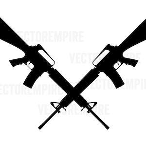 May include: A black and white silhouette of two crossed rifles.