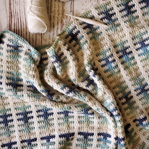 Puede incluir: Una manta de ganchillo con un patr&oacute;n geom&eacute;trico en tonos de azul, verde y blanco. La manta est&aacute; doblada y drapeada sobre una superficie de madera.
