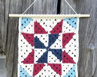 Farmhouse Quilt Square Wall Hanging Crochet Pattern | Granny Square Crochet | Half Square Triangle
