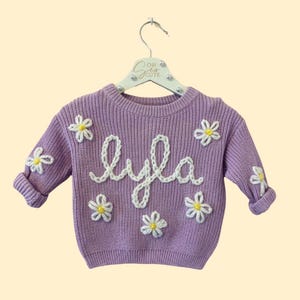 White Daisy Flowers Embroidered Personalized Sweet and Simple Floral Girls Sweater Baby Newborn Toddler Girl Name Sweater with Flowers