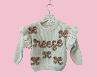 Embroidered Name Sweater, Baby Girl Bows Sweater, Custom Coquette Knitwear