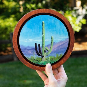 Pintura a óleo de paisagem de deserto de cactos em painel