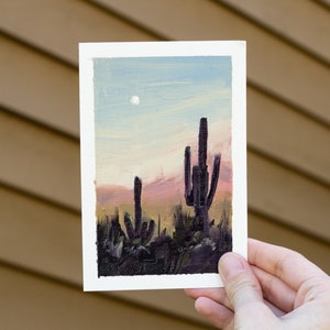 Desert Cactus Sunset Paesaggio Pittura ad olio su carta #5