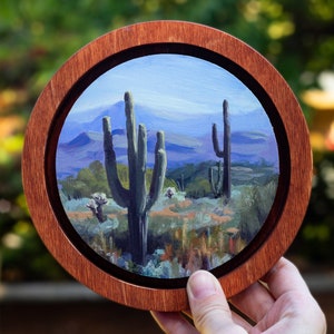 Pintura a óleo de paisagem de deserto de cactos em painel