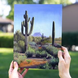 Pintura a óleo de paisagem de deserto de cactos em painel