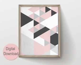 Blush Pink and Grey Triangle Geometric Wall Art Digital Download, Modern Scandinavian Printable Wall Art Room Decor for Teen Girls