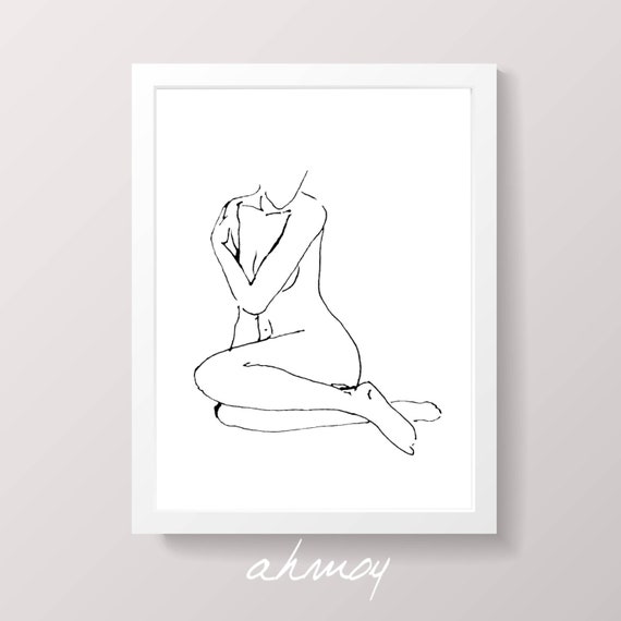 Nude Line Drawing Female Body Figure Sketch One Line Drawing Naked Sitting Woman Instant Digital Download Sexy Wall Art