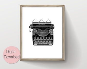 Vintage Typewriter Printable Wall Art, Digital Download Large Art Print, Minimalist Black and White Photography for Man Cave Decor