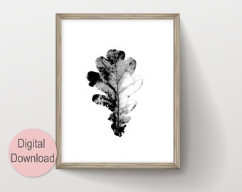 White Oak Leaf Botanical Print Printable Wall Art, Digital Download Black and White Plant Art for Farmhouse Bathroom Autumn Wall Decor