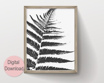 Fern Print Printable Wall Art, Digital Download Botanical Print, Black and White Fern Leaf Tropical Print for Living Room Decor