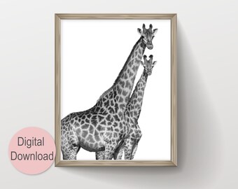 Monochrome Nursery Giraffe Print, Black and White Giraffe Poster Kids Room Decor Printable Wall Art, Instant Digital Download