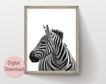 Monochrome Nursery Zebra Print, Black and White Zebra Photo Kids Room Decor Printable Wall Art, Cute Safari Animals Instant Digital Download