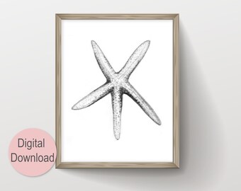 Original Watercolor Starfish Wall Art, Printable Beach House Decor Sealife Prints, Digital Download Black and White Nautical Decor,