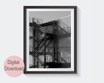 Metal Stairs Photography,  Black and White Architecture Poster Print Digital Download, Urban Photography Printable Wall Art Office Decor