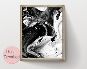 Printable Fluid Art Acrylic Pour Painting, Instant Digital Download Large Abstract Painting Original, Black and White Art, ALLUVION