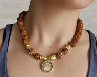 Impressive Ganesha Mala Necklace with Large Rudraksha Beads and Golden Accent Beads