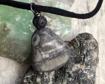 Mens Necklace, Turritella Fossil and Lava Stone on Vegan Suede Cord, Unisex Design, Fossil Pendant, Fossil Stone, Gift for Men
