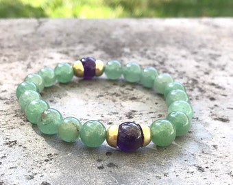 Lucky Aventurine and Amethyst Bracelet, For Spiritual Growth and Harmony,  Purple and Green, Natural Gemstone, Chakras, Reiki