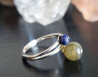 Magic and Third Eye Ring, Silver, Lapis Lazuli and Labradorite Adjustable Ring, For Intuition and Psychic Development,  Genuine Gemstone