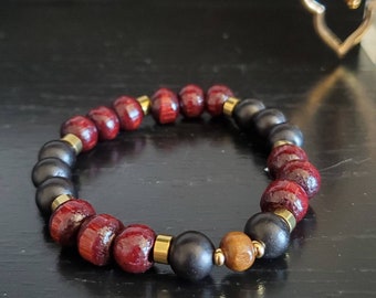 Wooden beaded bracelet with Stainless steel beads, Gift for her,  red, black and gold, wood bead accessories