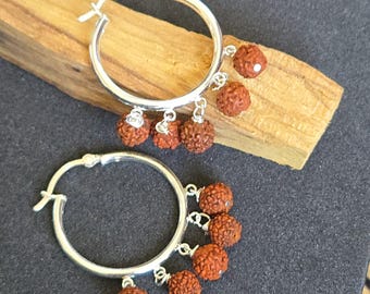 Silver and Rudraksha Unisex Earrings, For him or Her, Shiva Energy, Hoop Earrings
