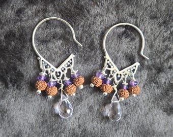 Lavender Quartz, Amethyst, and Rudraksha Goddess Earrings