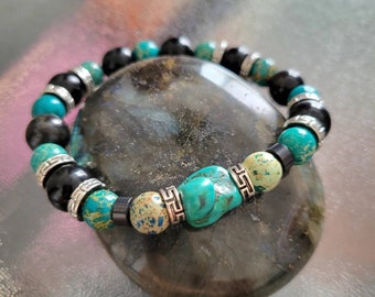 Bracelet Guerrier Aztect, Turquoise, Jaspe Sédiment Marin Vert et Obsidienne