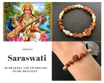 Goddess Saraswati Rudraksha Bracelet, Vegan Swarovski Pearls, Vedic Jewelry, Vegan Gift Idea, Indian Party Jewelry,