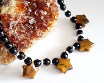 Courage, Strength, and Protection, Tiger Eye and Obsidian, Star Charm Bracelet