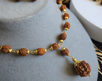 Gold and Rudraksha mala necklace, vedic jewelry, Prayer Beads, Genuine Rudraksha