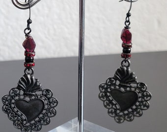 Gothic Sacred Heart Garnet and Obsidian Earrings