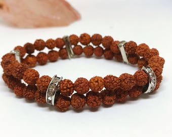 Rudraksha Double Row with Rhinestone Spacer Bracelet, Beautiful Gift For Her, Fancy Bracelet, Party Jewelry, Bohemian Chic, Rudraksh Beads