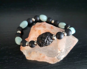 Aquamarijn, Tektite en Onyx armband, vissen, march Birthstone, voor communicatie, aarding en bescherming, uniseks, genderneutraal