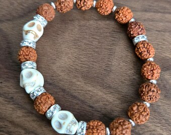 Rudraksha, Skulls and Rhinestones Bracelet