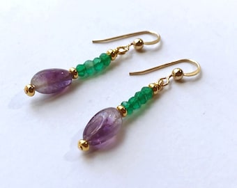 Little Mermaid Inspired Earrings, Green Apatite and Amethyst for Crown and Heart Chakra Activation, Colorful Gemstone Earrings, Quartz