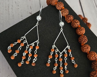 Sacred Goddess Rudraksha and Silver Fan Earrings