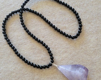 HUGE Amethyst crystal and Obsidian long necklace