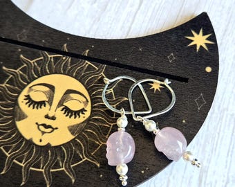Rose Quartz and Swarovski Pearls Skull Earrings