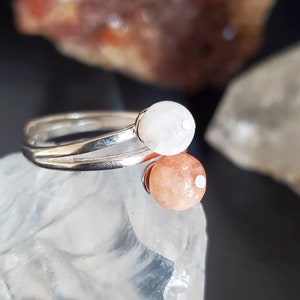 Sun and Moon Divine Magic Ring,  Moonstone and Sunstone Adjustable Silver Ring, Moon Magic, Mystical Talisman for Balancing Energies